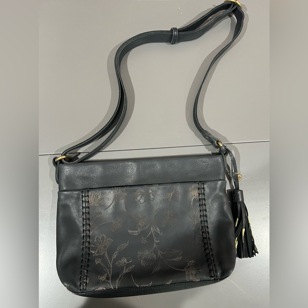 The Sak Black Leather Floral Embossed Crossbody Bag Boho Tassel Shoulder Purse